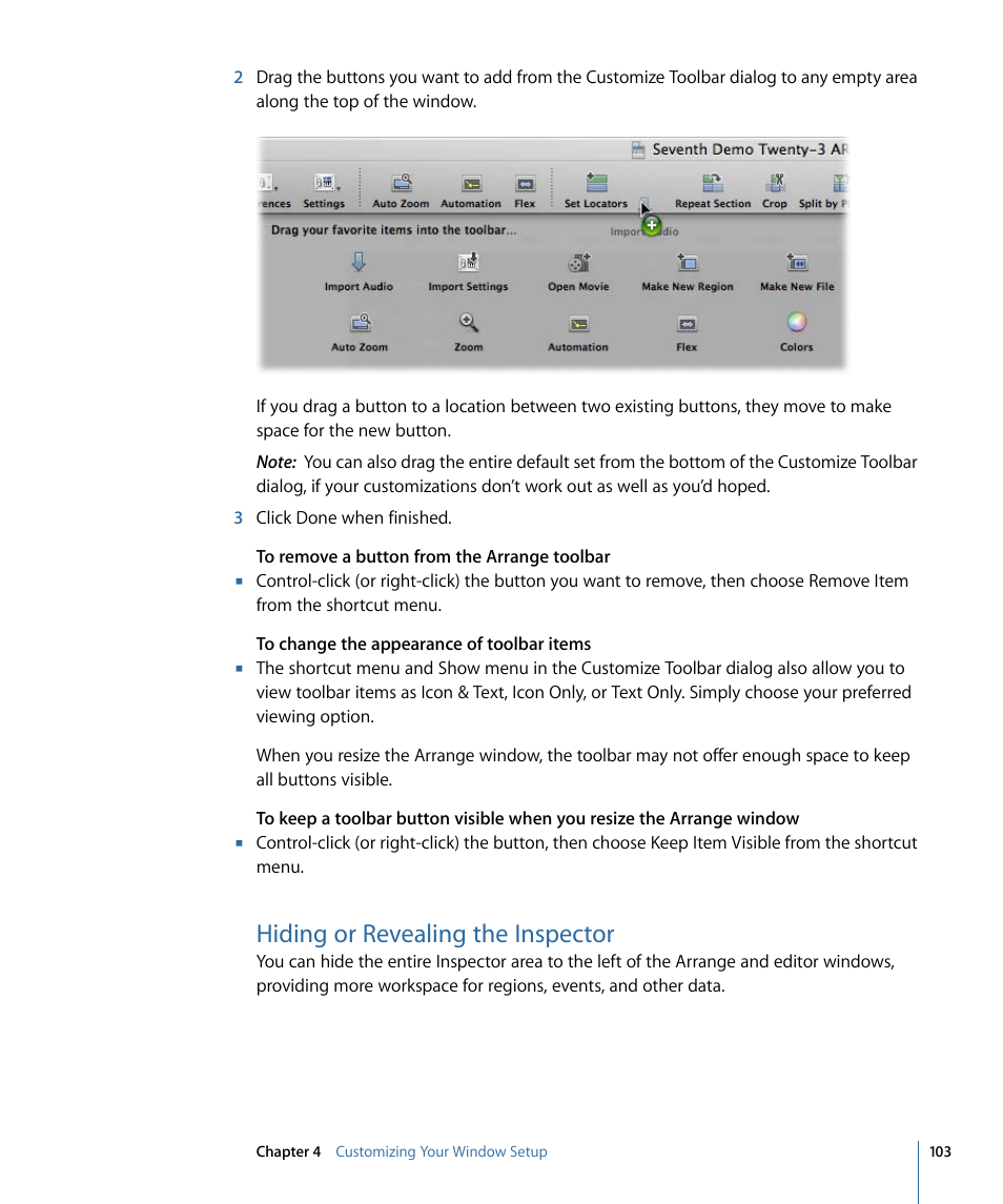 Hiding or revealing the inspector | Apple Logic Express 9 User Manual | Page 103 / 1294