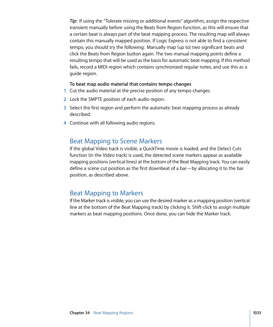 Beat mapping to scene markers, Beat mapping to markers | Apple Logic Express 9 User Manual | Page 1033 / 1294
