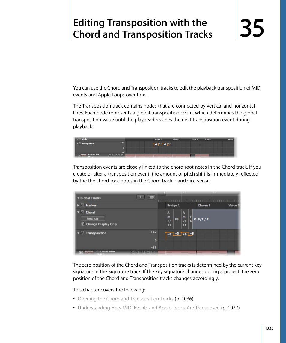 Editing, Editing transposition, With the chord and transposition tracks | Apple Logic Express 9 User Manual | Page 1035 / 1294
