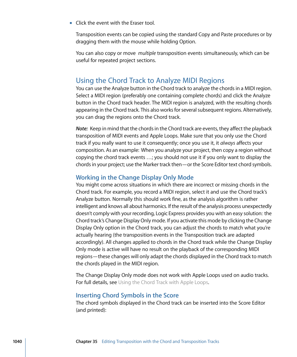 Using the chord track to analyze midi regions, Working in the change display only mode, Inserting chord symbols in the score | Apple Logic Express 9 User Manual | Page 1040 / 1294