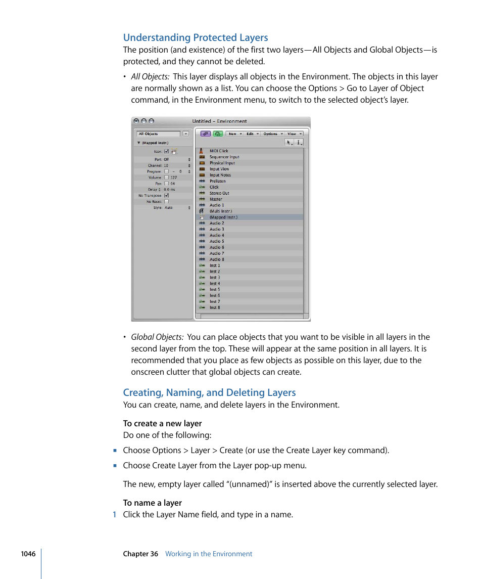 Understanding protected layers, Creating, naming, and deleting layers | Apple Logic Express 9 User Manual | Page 1046 / 1294