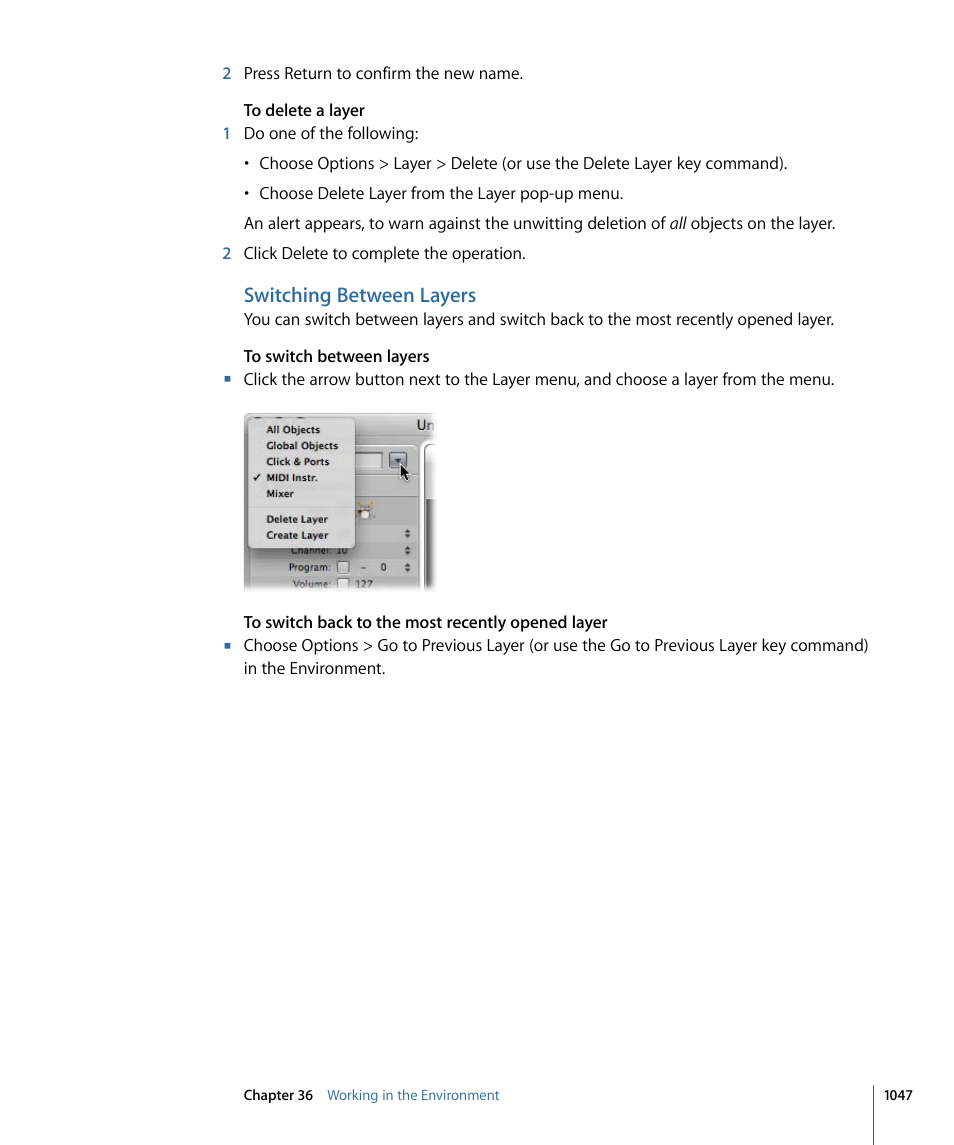 Switching between layers | Apple Logic Express 9 User Manual | Page 1047 / 1294