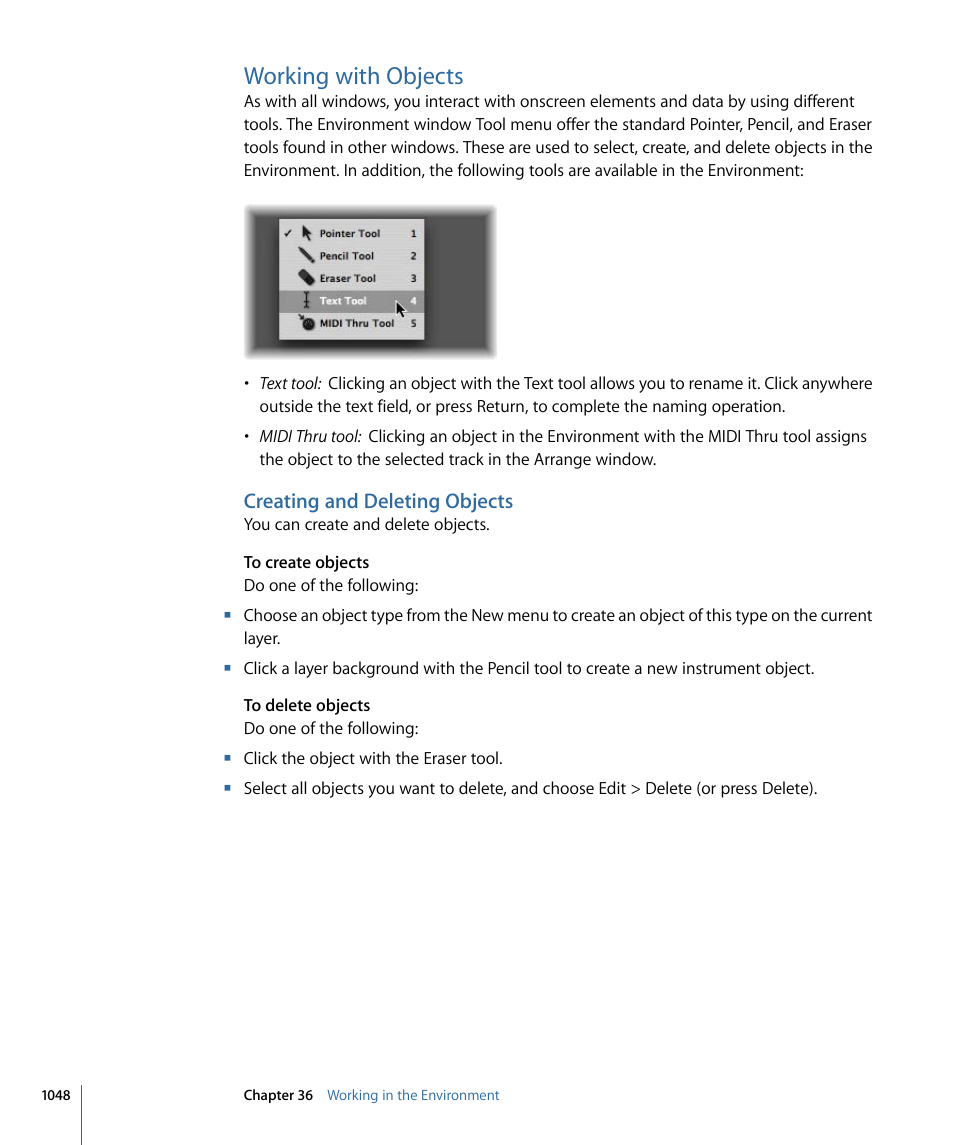 Working with objects, Creating and deleting objects | Apple Logic Express 9 User Manual | Page 1048 / 1294
