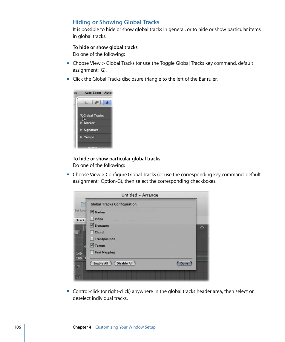 Hiding or showing global tracks | Apple Logic Express 9 User Manual | Page 106 / 1294