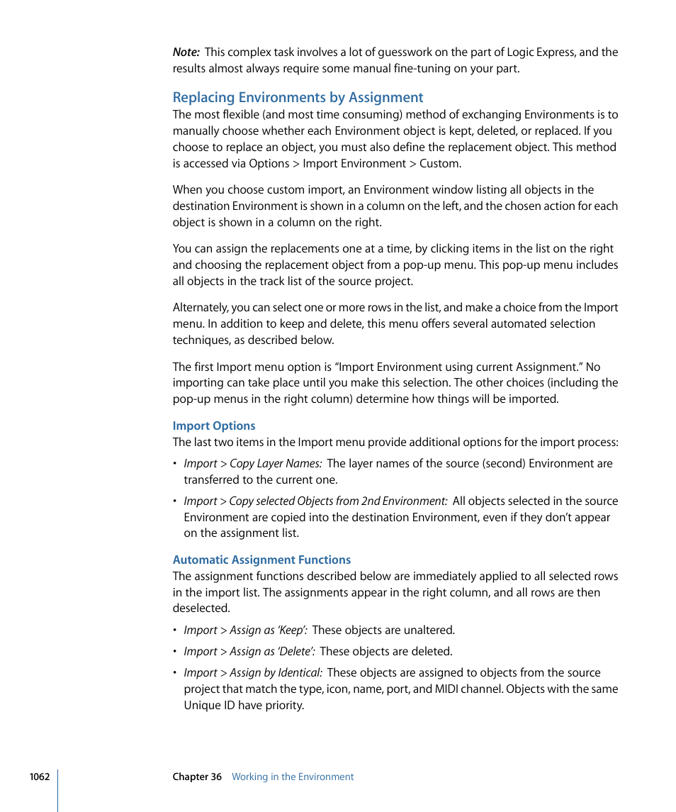 Replacing environments by assignment, Import options, Automatic assignment functions | Apple Logic Express 9 User Manual | Page 1062 / 1294