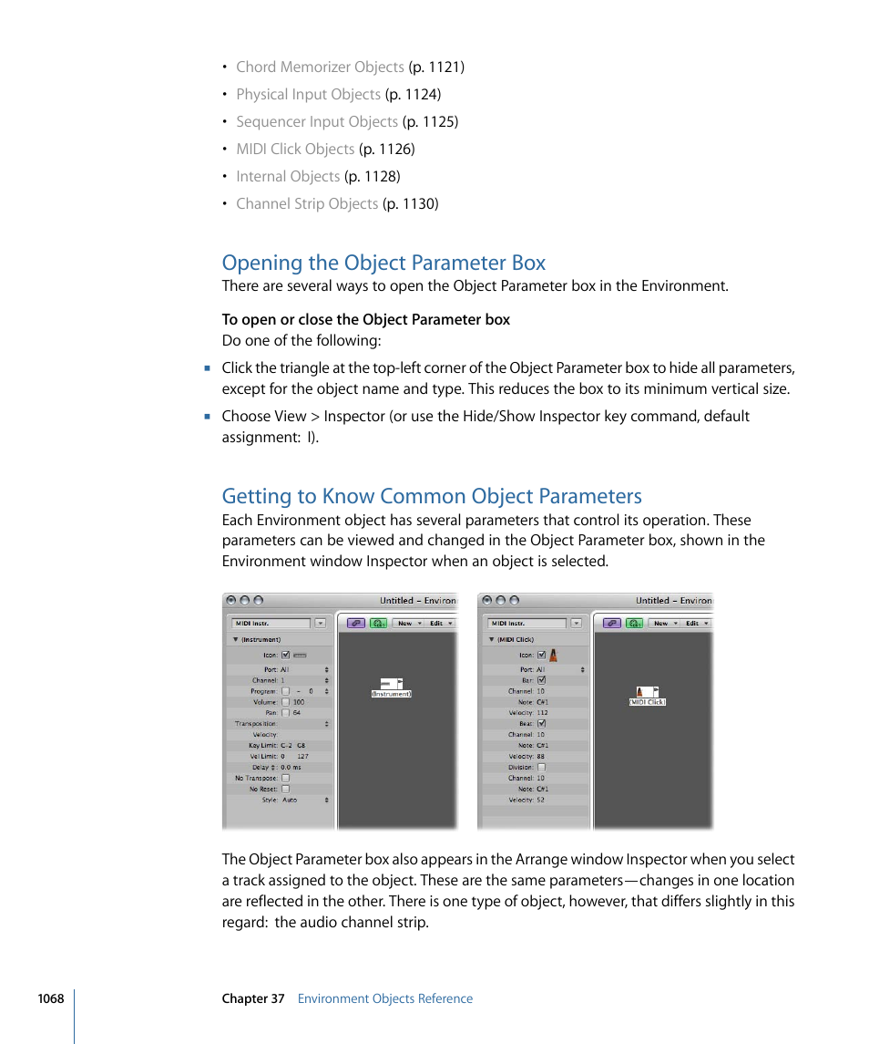 Opening the object parameter box, Getting to know common object parameters | Apple Logic Express 9 User Manual | Page 1068 / 1294