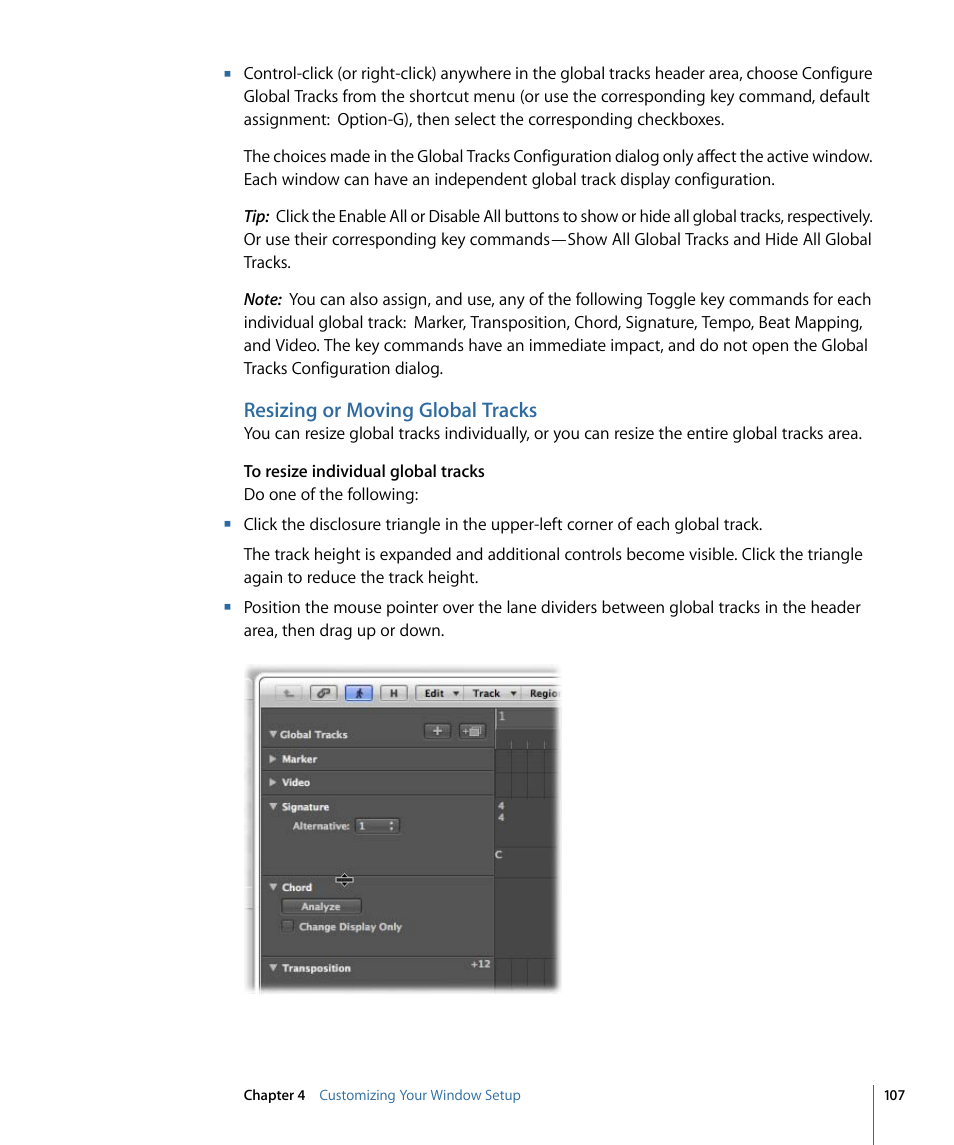 Resizing or moving global tracks | Apple Logic Express 9 User Manual | Page 107 / 1294