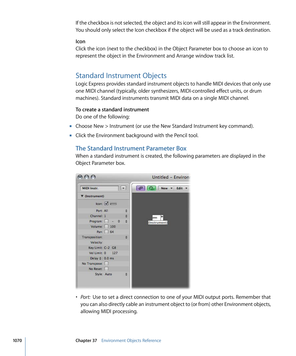Standard instrument objects, The standard instrument parameter box | Apple Logic Express 9 User Manual | Page 1070 / 1294