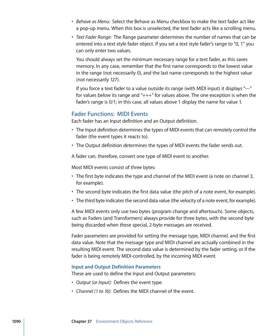 Fader functions: midi events, Input and output definition parameters | Apple Logic Express 9 User Manual | Page 1090 / 1294