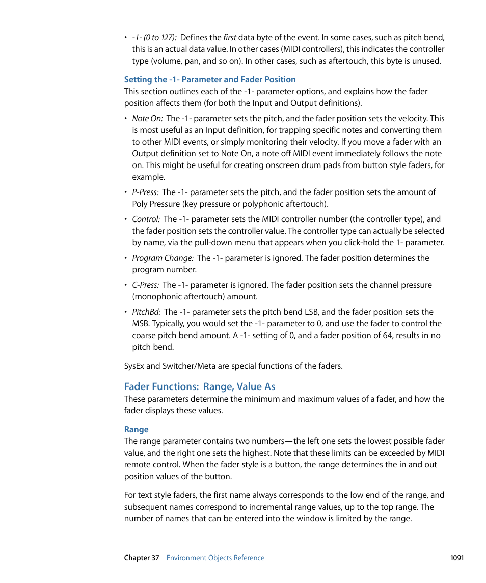 Setting the -1- parameter and fader position, Fader functions: range, value as, Range | Apple Logic Express 9 User Manual | Page 1091 / 1294