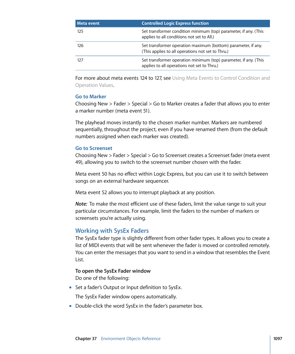 Go to marker, Go to screenset, Working with sysex faders | Apple Logic Express 9 User Manual | Page 1097 / 1294