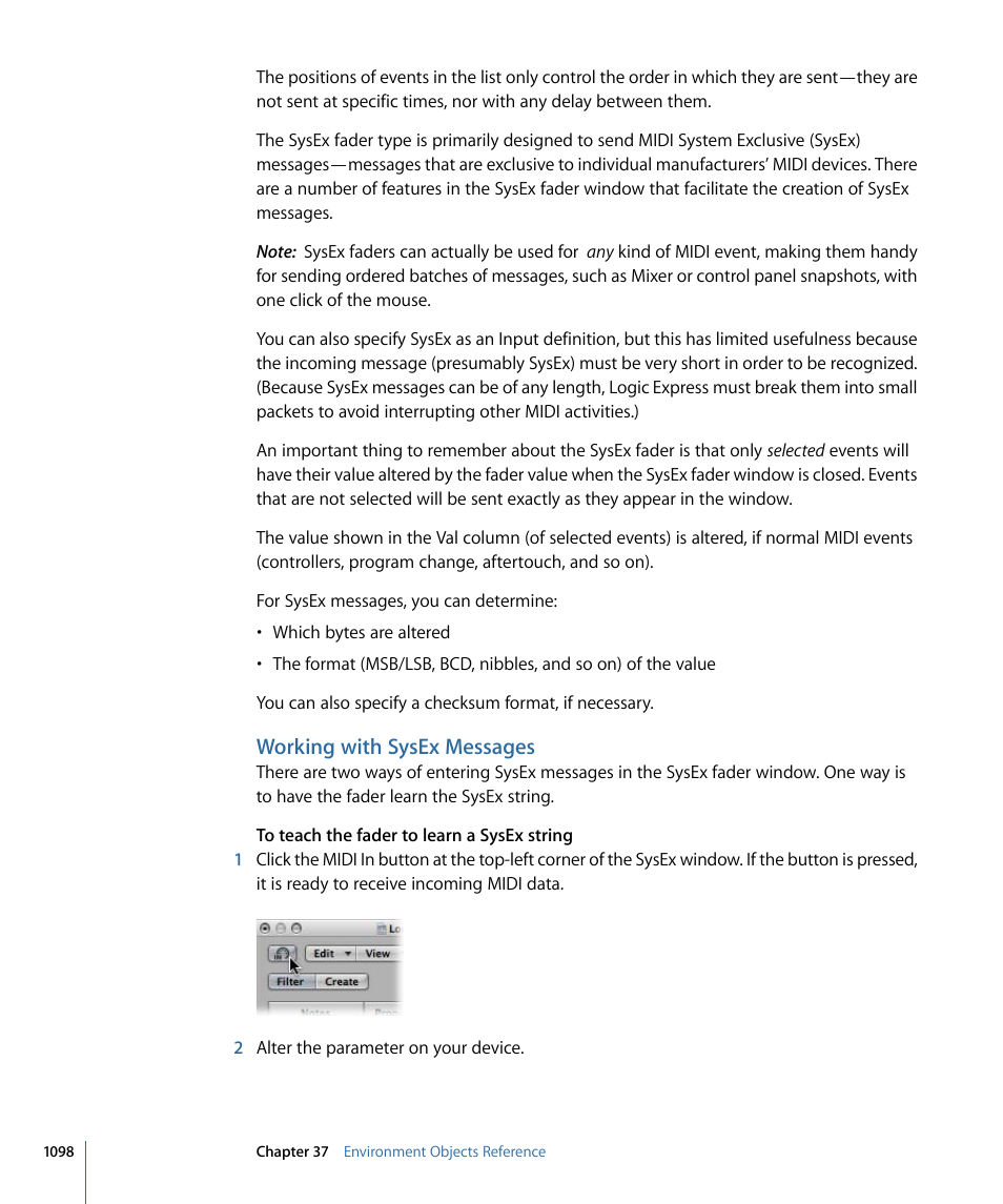 Working with sysex messages | Apple Logic Express 9 User Manual | Page 1098 / 1294
