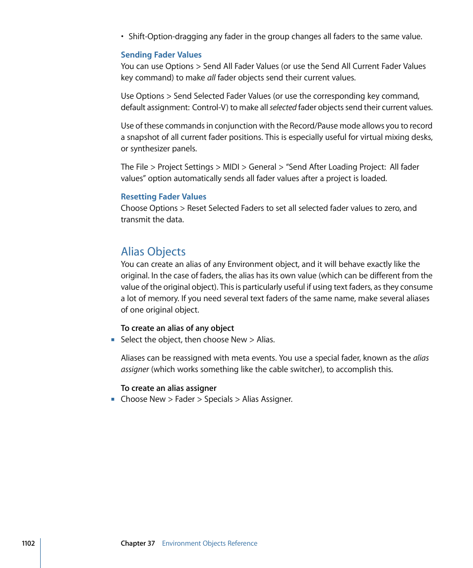 Sending fader values, Resetting fader values, Alias objects | Apple Logic Express 9 User Manual | Page 1102 / 1294