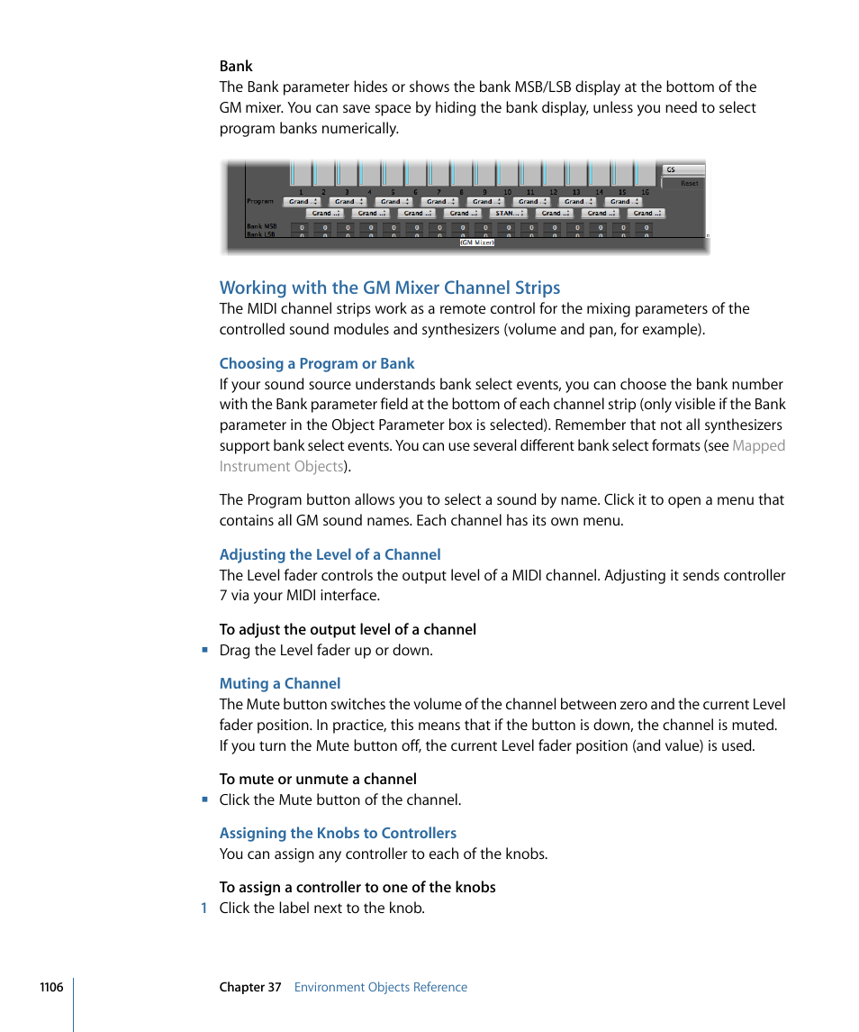 Working with the gm mixer channel strips, Choosing a program or bank, Adjusting the level of a channel | Muting a channel, Assigning the knobs to controllers | Apple Logic Express 9 User Manual | Page 1106 / 1294