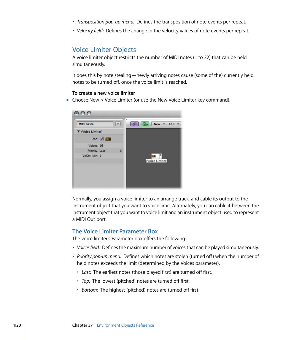 Voice limiter objects, The voice limiter parameter box | Apple Logic Express 9 User Manual | Page 1120 / 1294