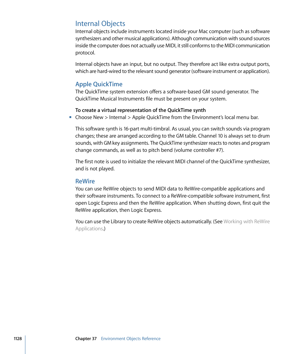 Internal objects, Apple quicktime, Rewire | Apple Logic Express 9 User Manual | Page 1128 / 1294
