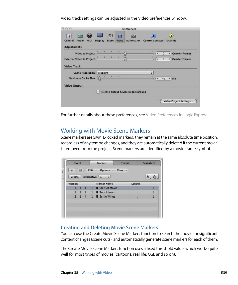 Working with movie scene markers, Creating and deleting movie scene markers | Apple Logic Express 9 User Manual | Page 1139 / 1294