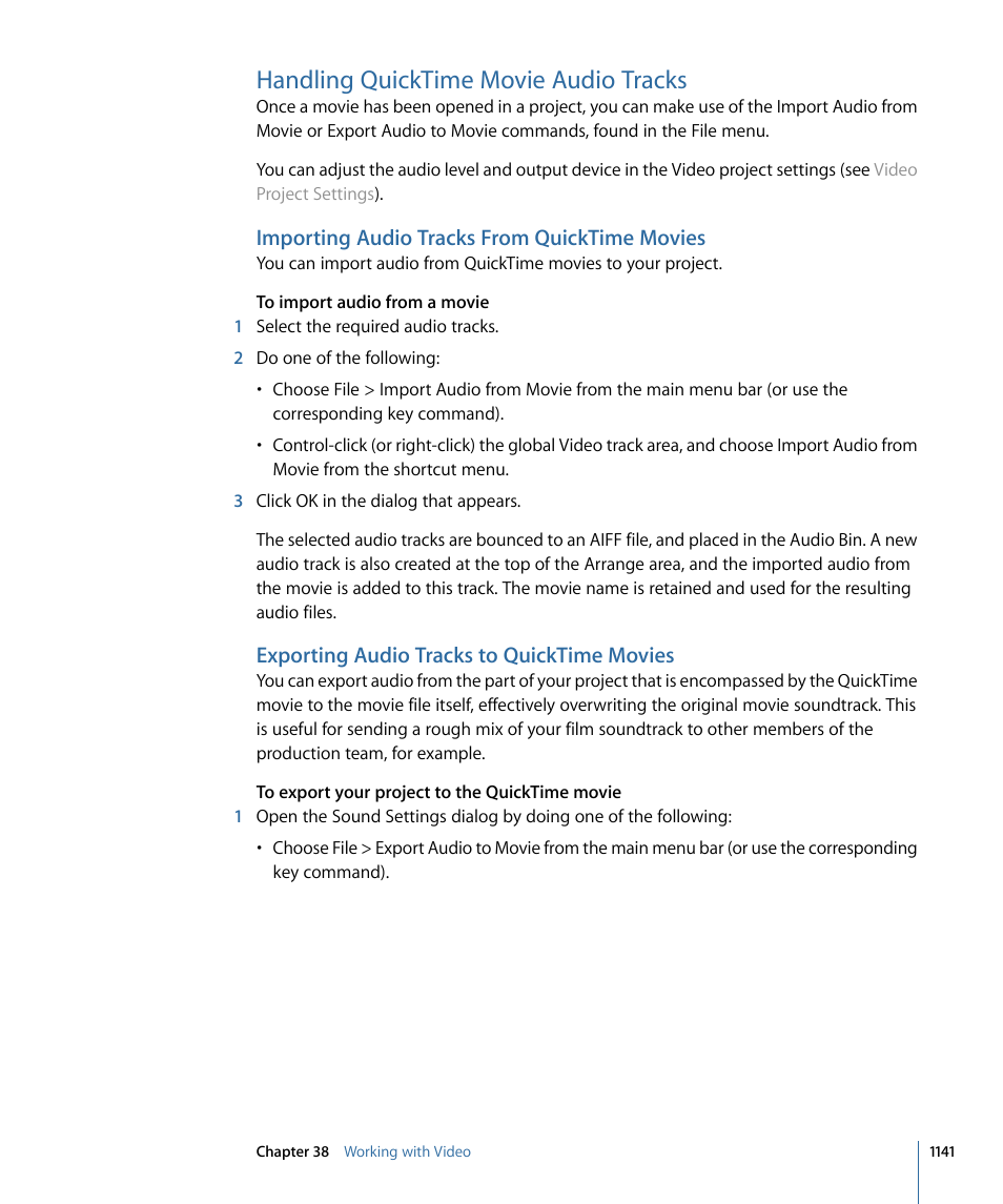 Handling quicktime movie audio tracks, Importing audio tracks from quicktime movies, Exporting audio tracks to quicktime movies | Apple Logic Express 9 User Manual | Page 1141 / 1294