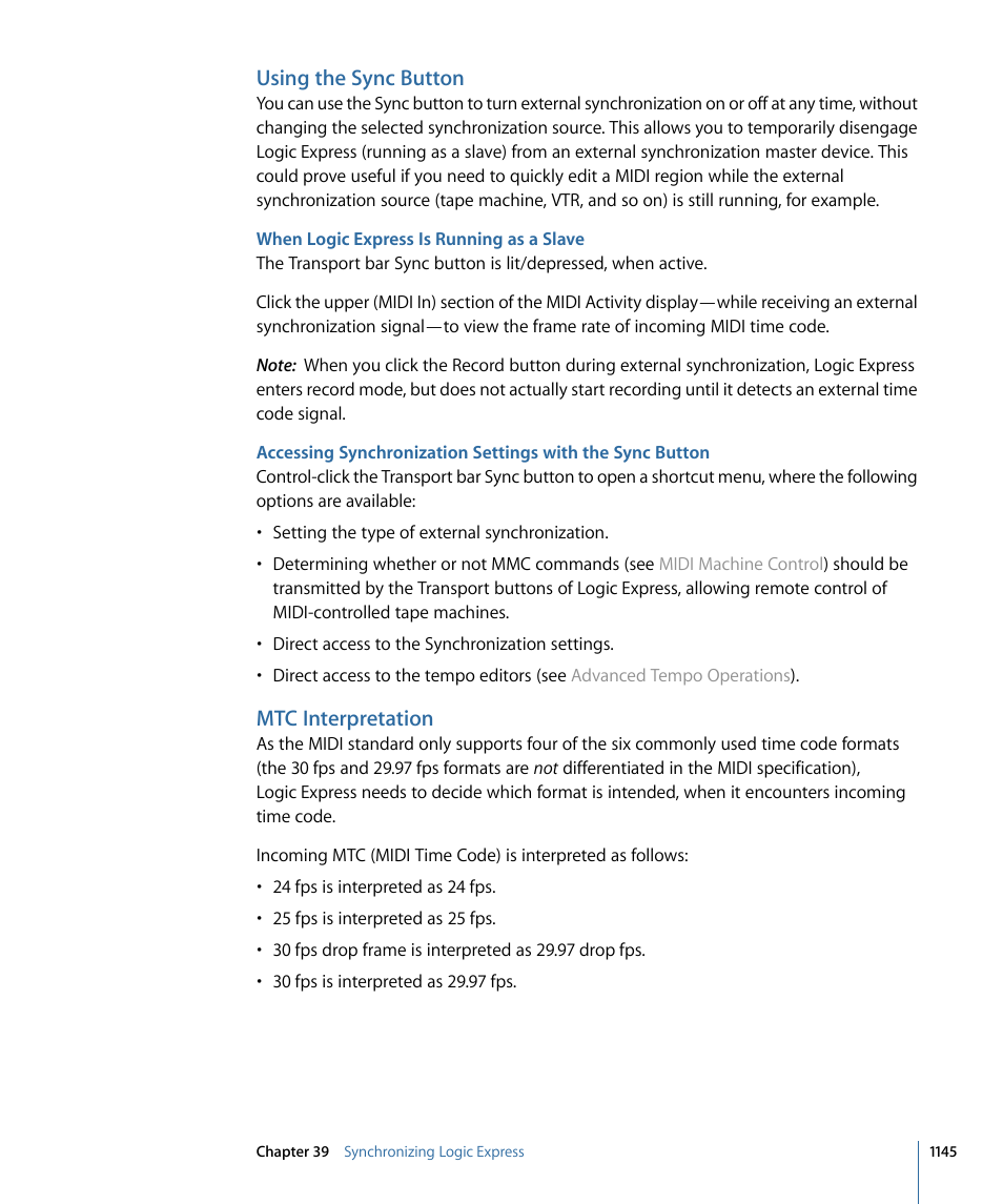 Using the sync button, When logic express is running as a slave, Mtc interpretation | Apple Logic Express 9 User Manual | Page 1145 / 1294