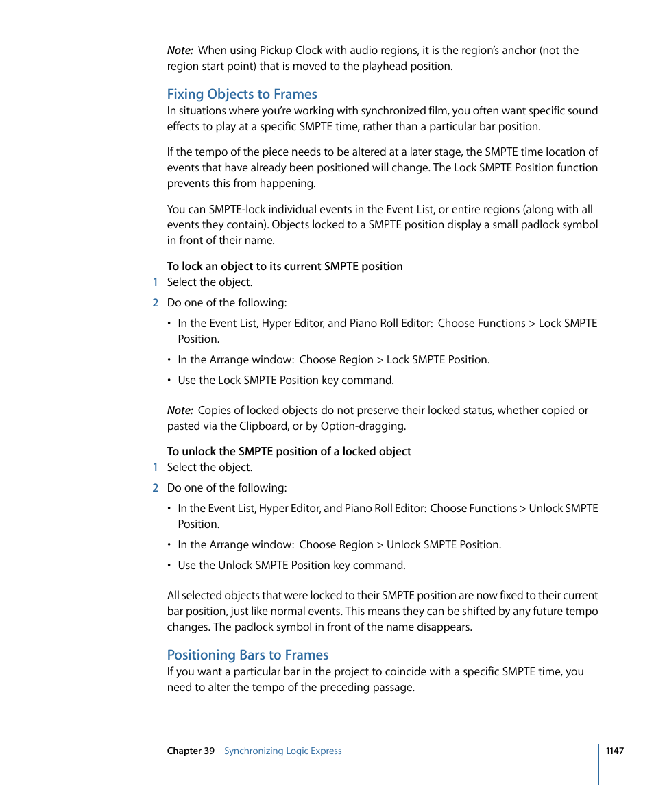 Fixing objects to frames, Positioning bars to frames | Apple Logic Express 9 User Manual | Page 1147 / 1294