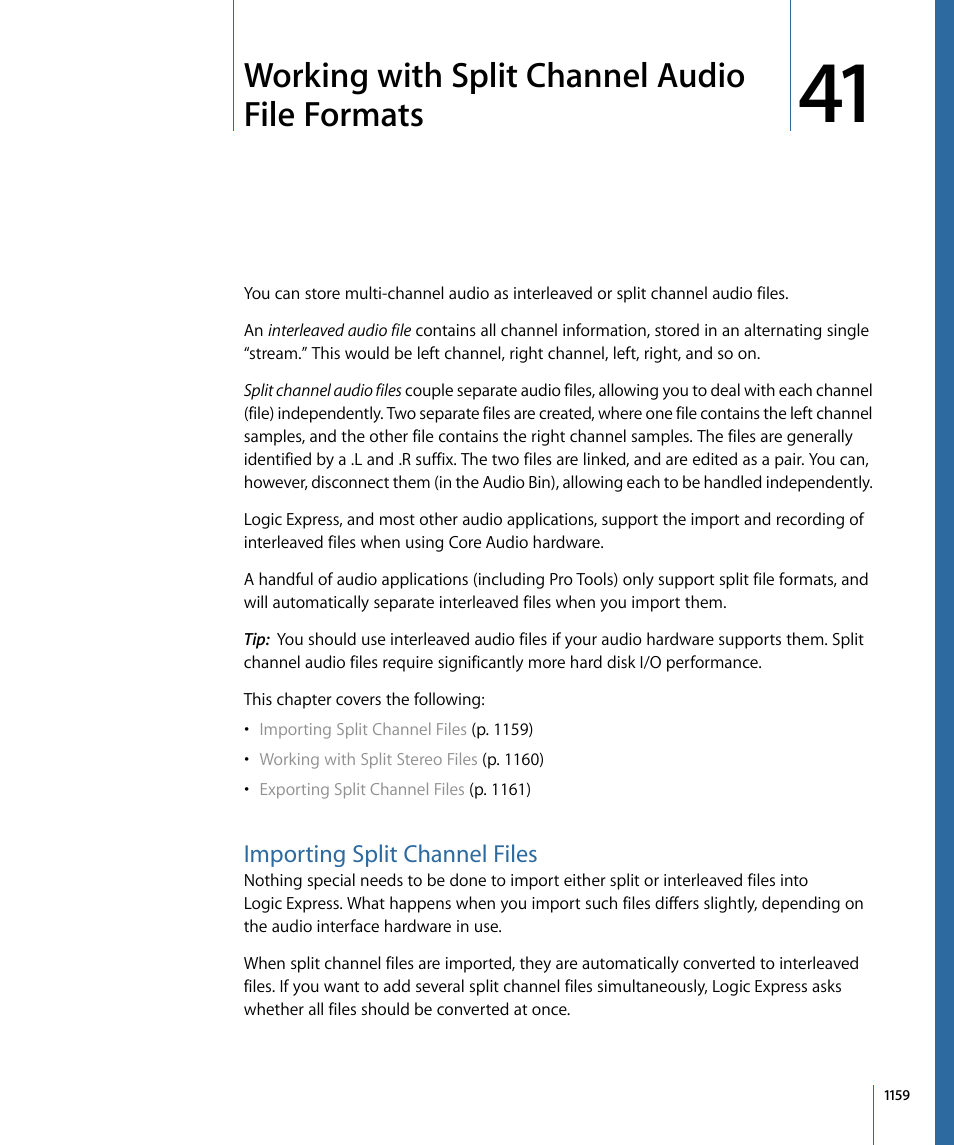 Working with split channel audio file formats, Importing split channel files | Apple Logic Express 9 User Manual | Page 1159 / 1294