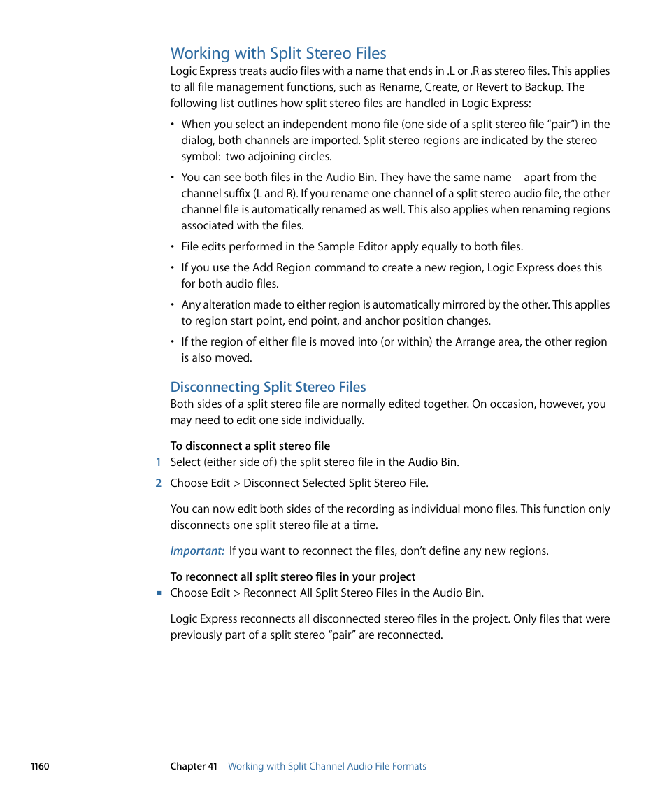 Working with split stereo files, Disconnecting split stereo files | Apple Logic Express 9 User Manual | Page 1160 / 1294