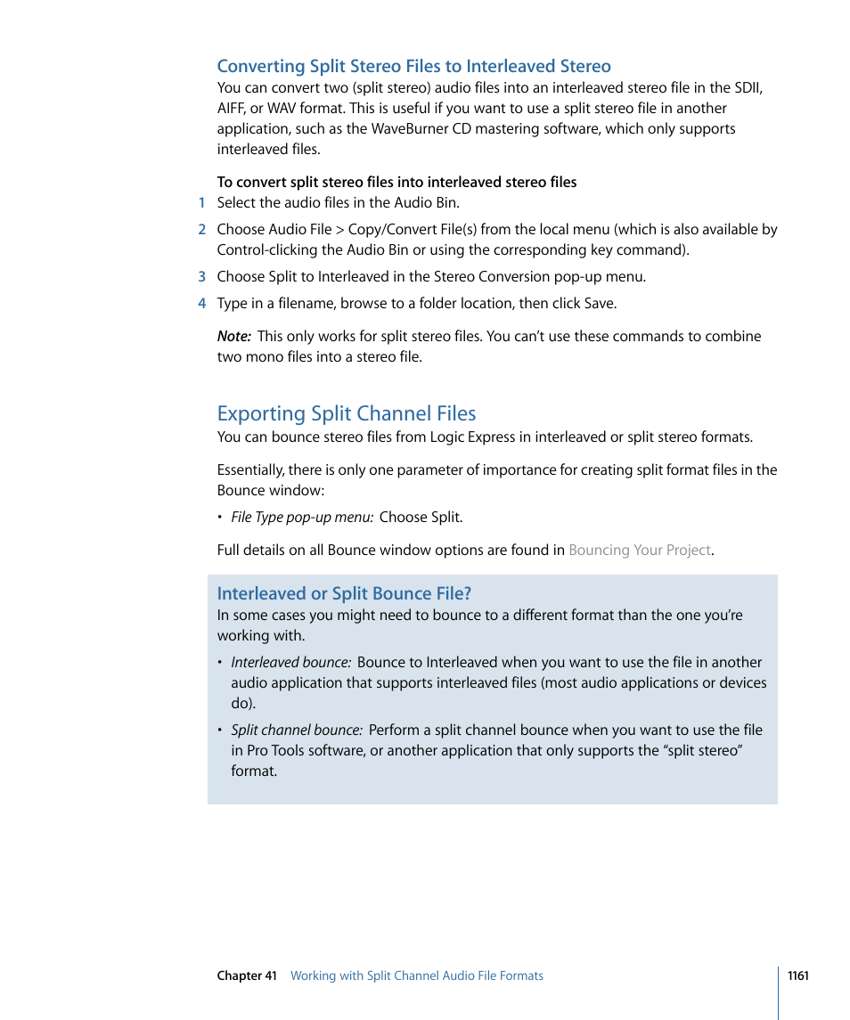 Exporting split channel files, Interleaved or split bounce file | Apple Logic Express 9 User Manual | Page 1161 / 1294