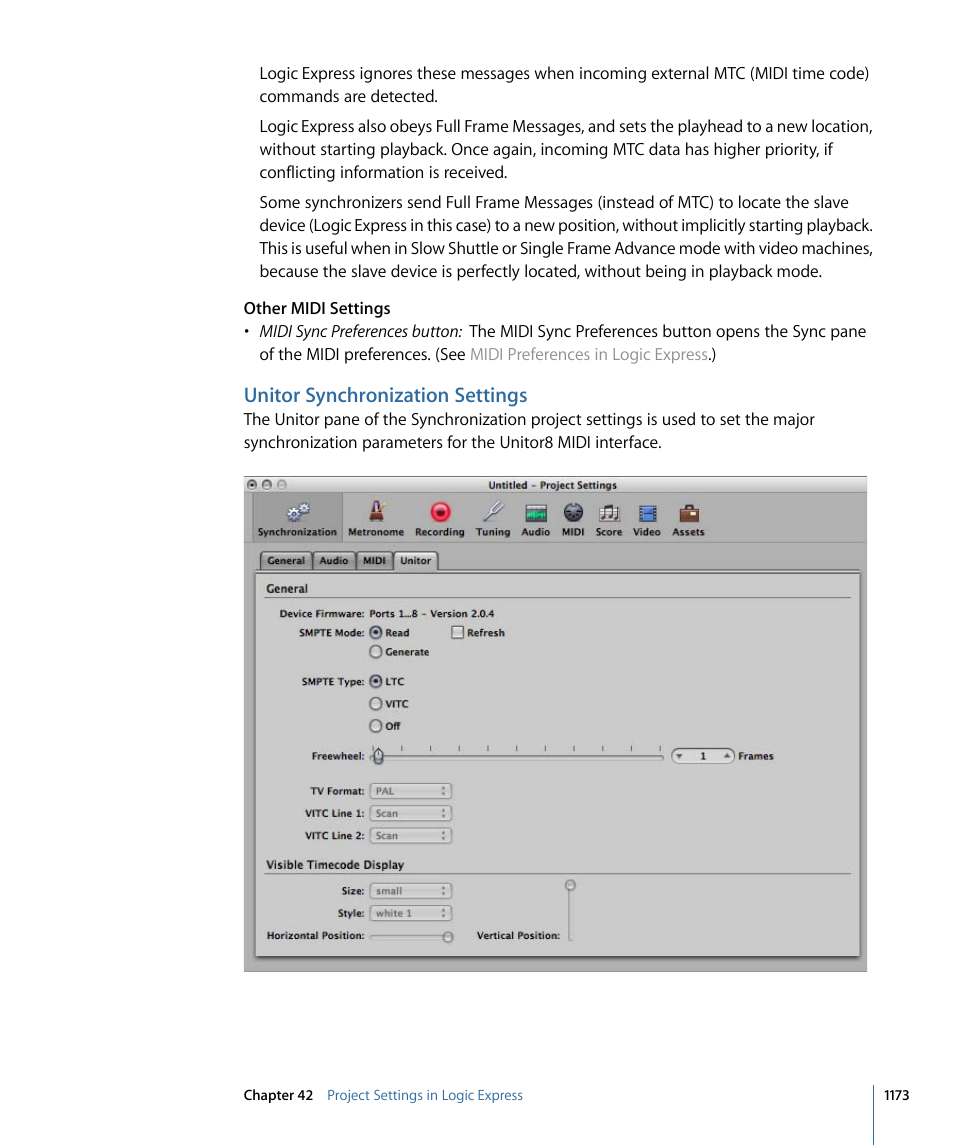 Unitor synchronization settings | Apple Logic Express 9 User Manual | Page 1173 / 1294