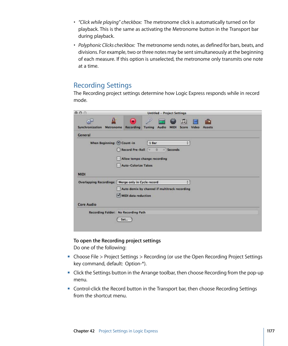 Recording settings | Apple Logic Express 9 User Manual | Page 1177 / 1294