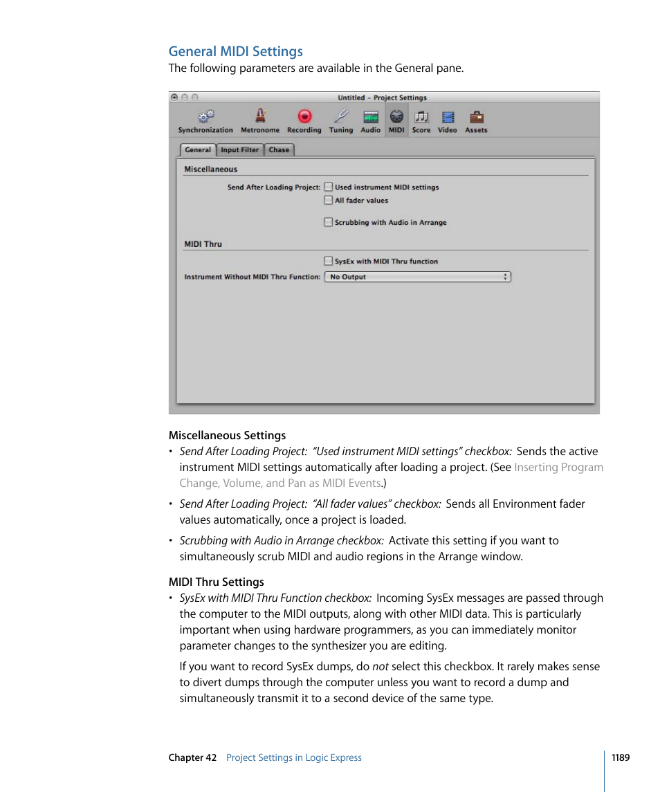General midi settings | Apple Logic Express 9 User Manual | Page 1189 / 1294