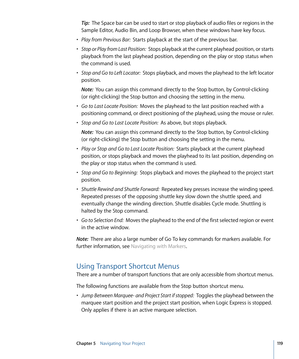 Using transport shortcut menus | Apple Logic Express 9 User Manual | Page 119 / 1294