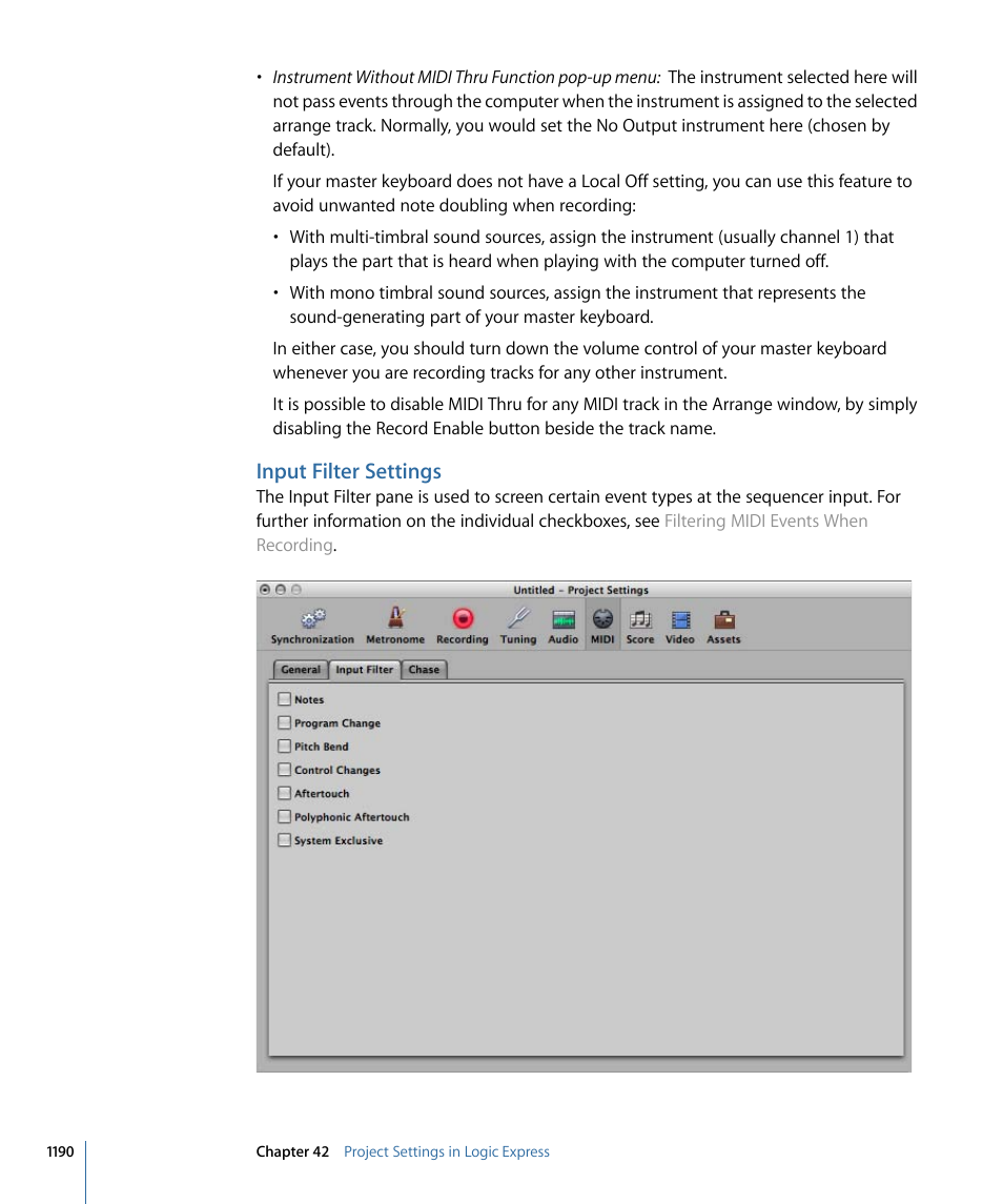 Input filter settings | Apple Logic Express 9 User Manual | Page 1190 / 1294