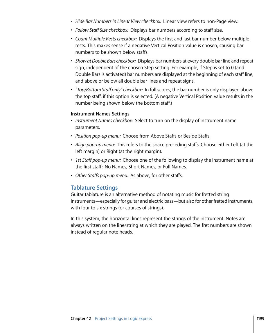 Tablature settings, Tablature, Settings | Apple Logic Express 9 User Manual | Page 1199 / 1294