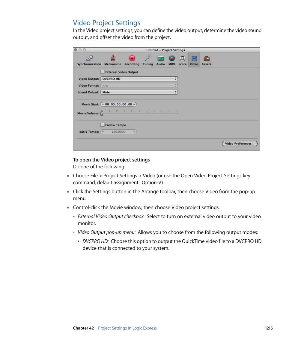 Video project settings | Apple Logic Express 9 User Manual | Page 1215 / 1294