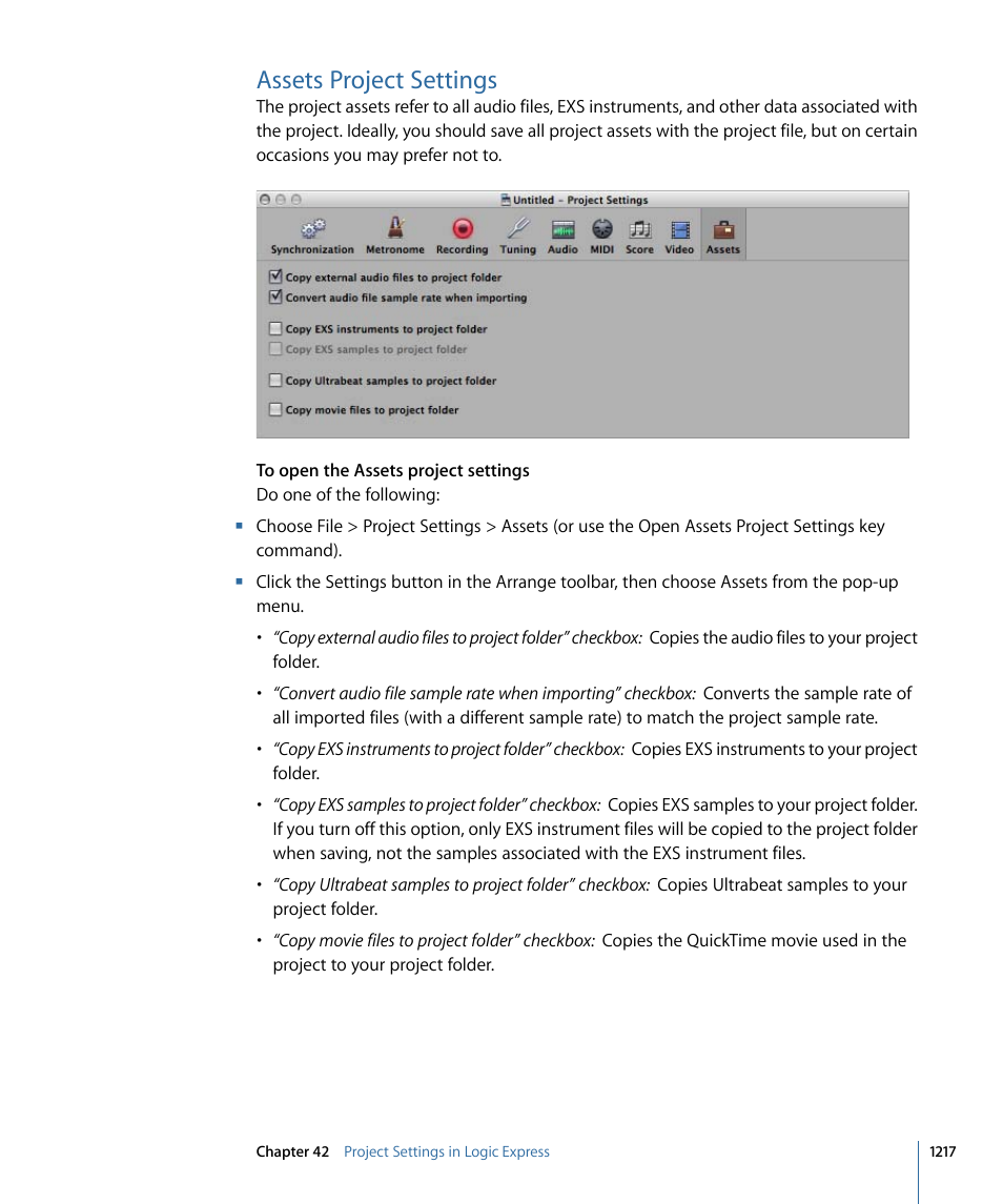 Assets project settings | Apple Logic Express 9 User Manual | Page 1217 / 1294
