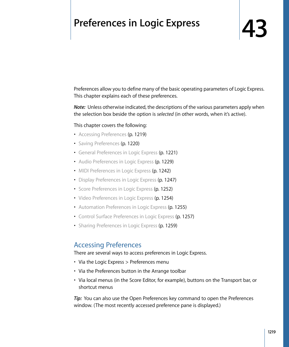Preferences in logic express, Accessing preferences | Apple Logic Express 9 User Manual | Page 1219 / 1294
