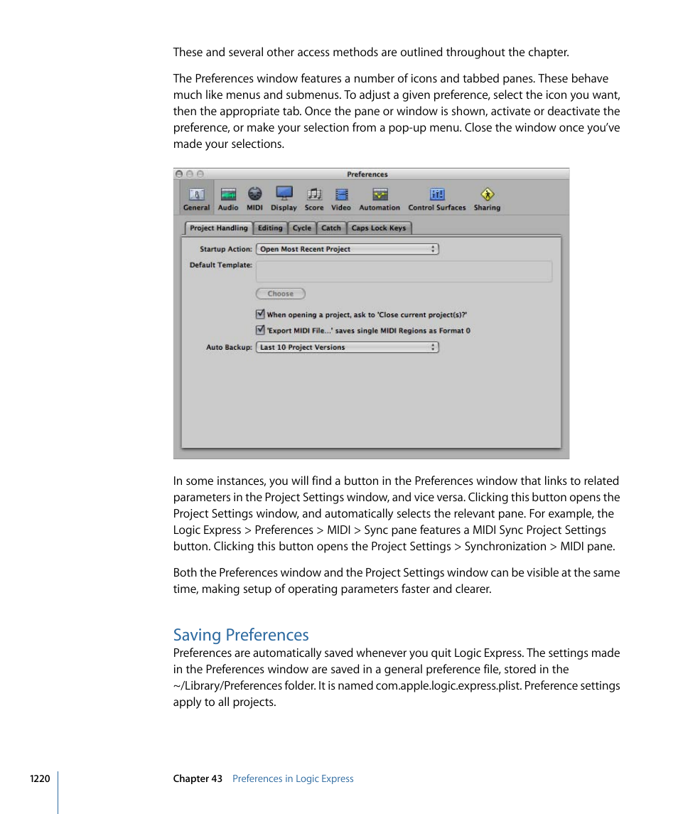 Saving preferences | Apple Logic Express 9 User Manual | Page 1220 / 1294