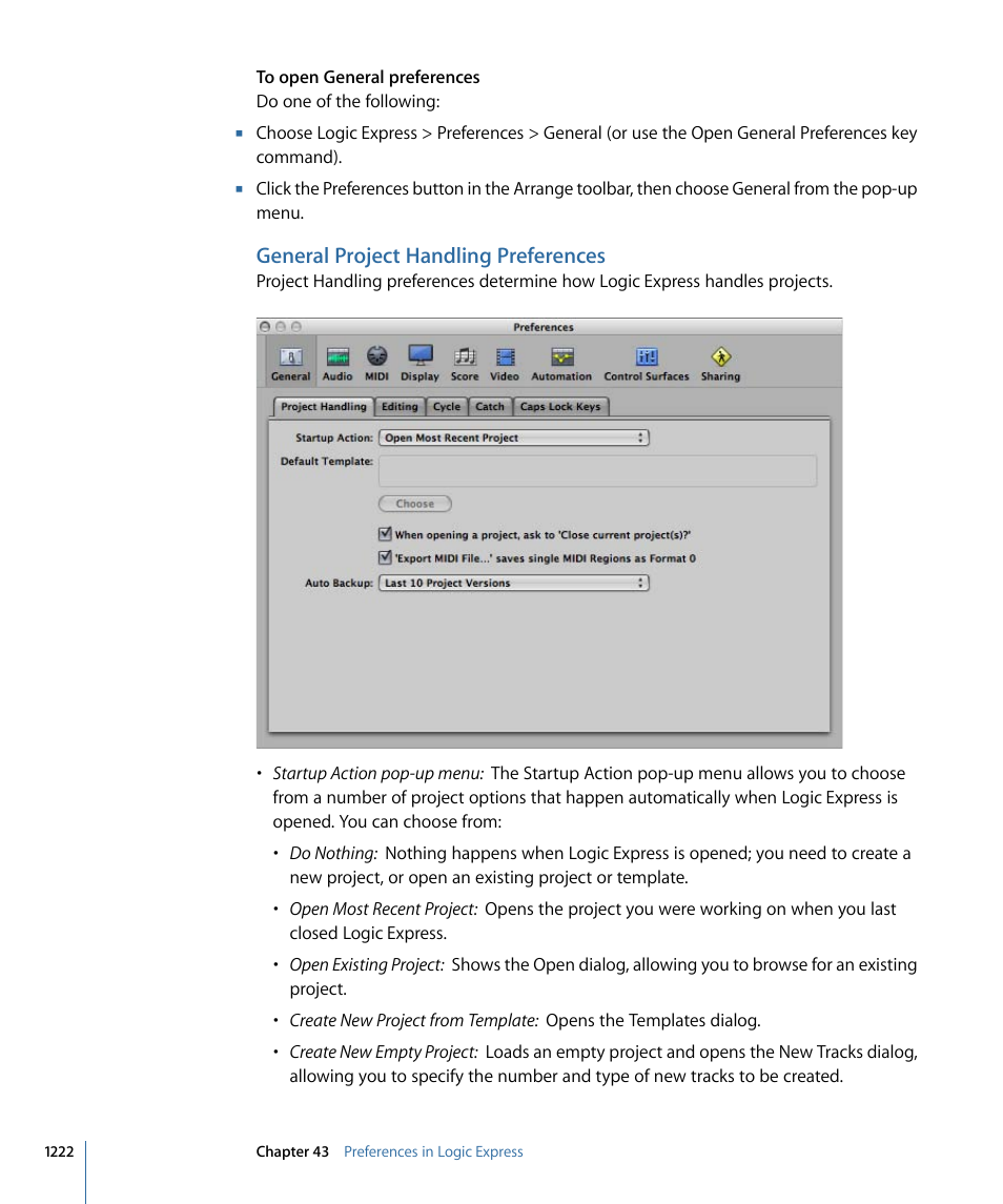General project handling preferences | Apple Logic Express 9 User Manual | Page 1222 / 1294