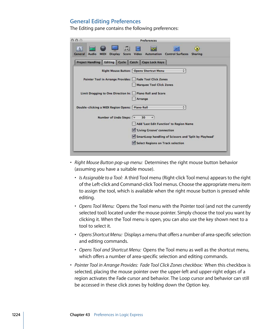 General editing preferences | Apple Logic Express 9 User Manual | Page 1224 / 1294