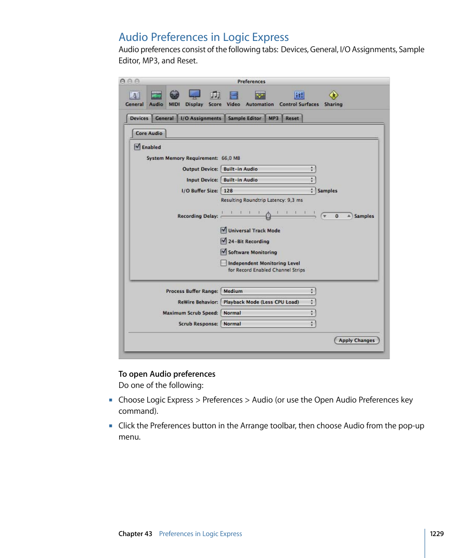 Audio preferences in logic express | Apple Logic Express 9 User Manual | Page 1229 / 1294