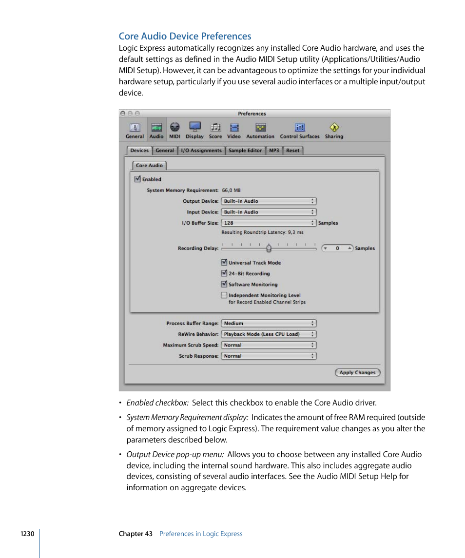 Core audio device preferences | Apple Logic Express 9 User Manual | Page 1230 / 1294