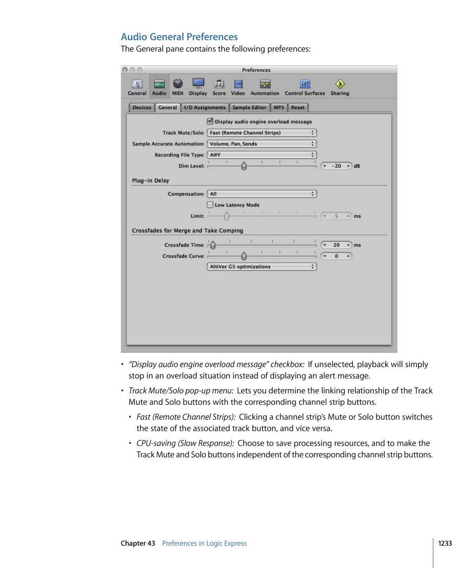 Audio general preferences | Apple Logic Express 9 User Manual | Page 1233 / 1294