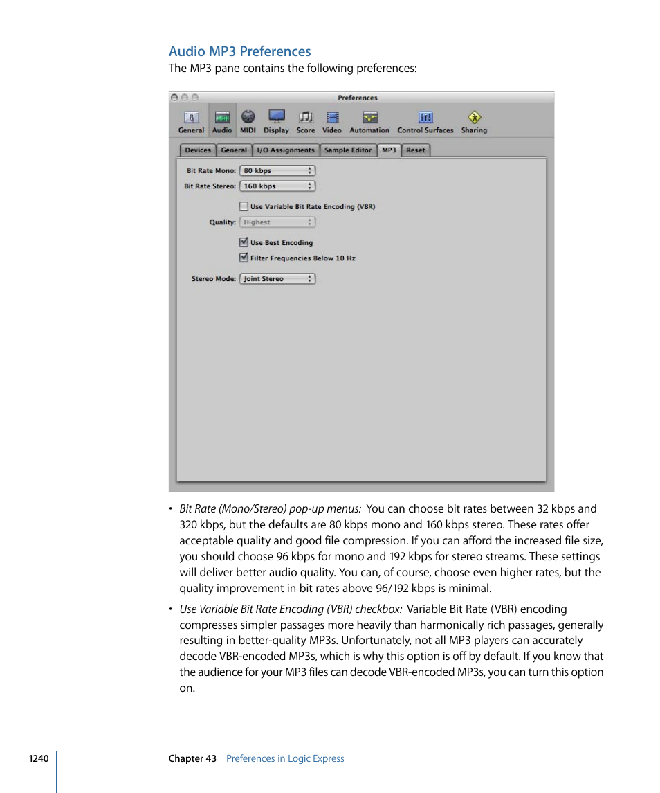 Audio mp3 preferences | Apple Logic Express 9 User Manual | Page 1240 / 1294