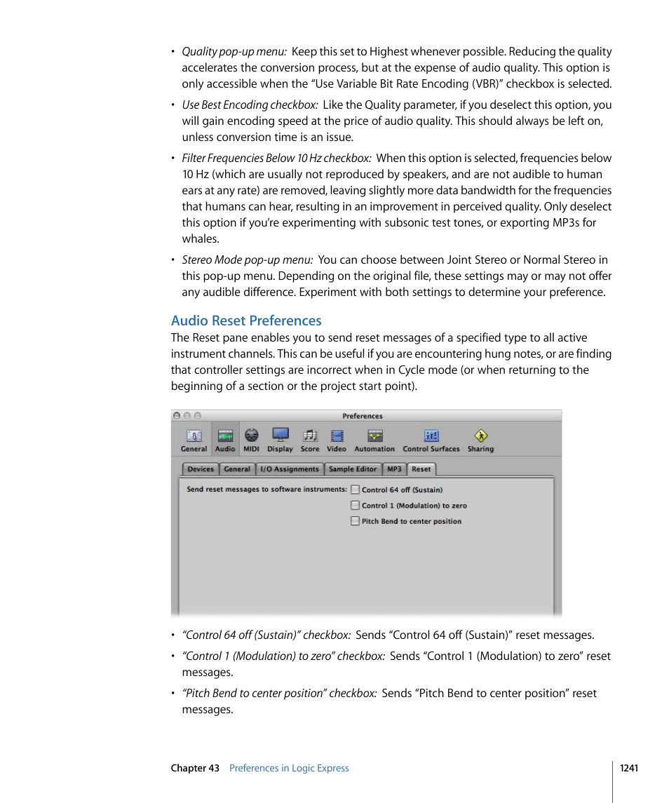 Audio reset preferences | Apple Logic Express 9 User Manual | Page 1241 / 1294