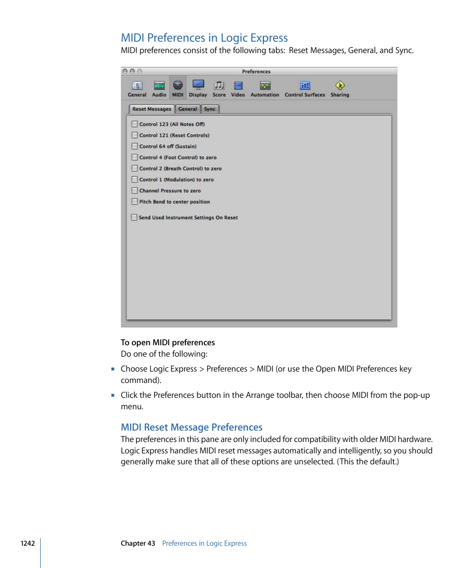 Midi preferences in logic express, Midi reset message preferences | Apple Logic Express 9 User Manual | Page 1242 / 1294