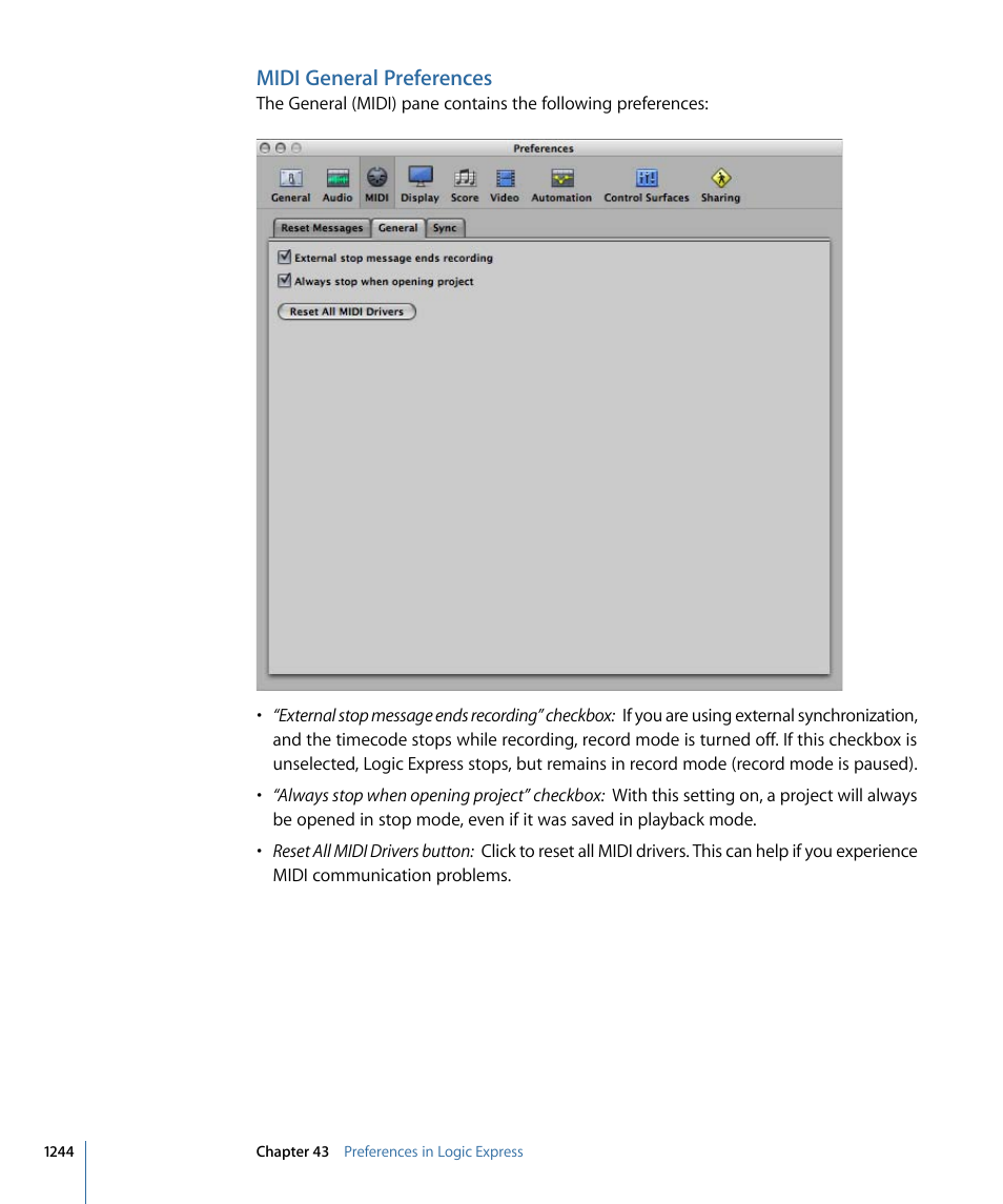 Midi general preferences | Apple Logic Express 9 User Manual | Page 1244 / 1294