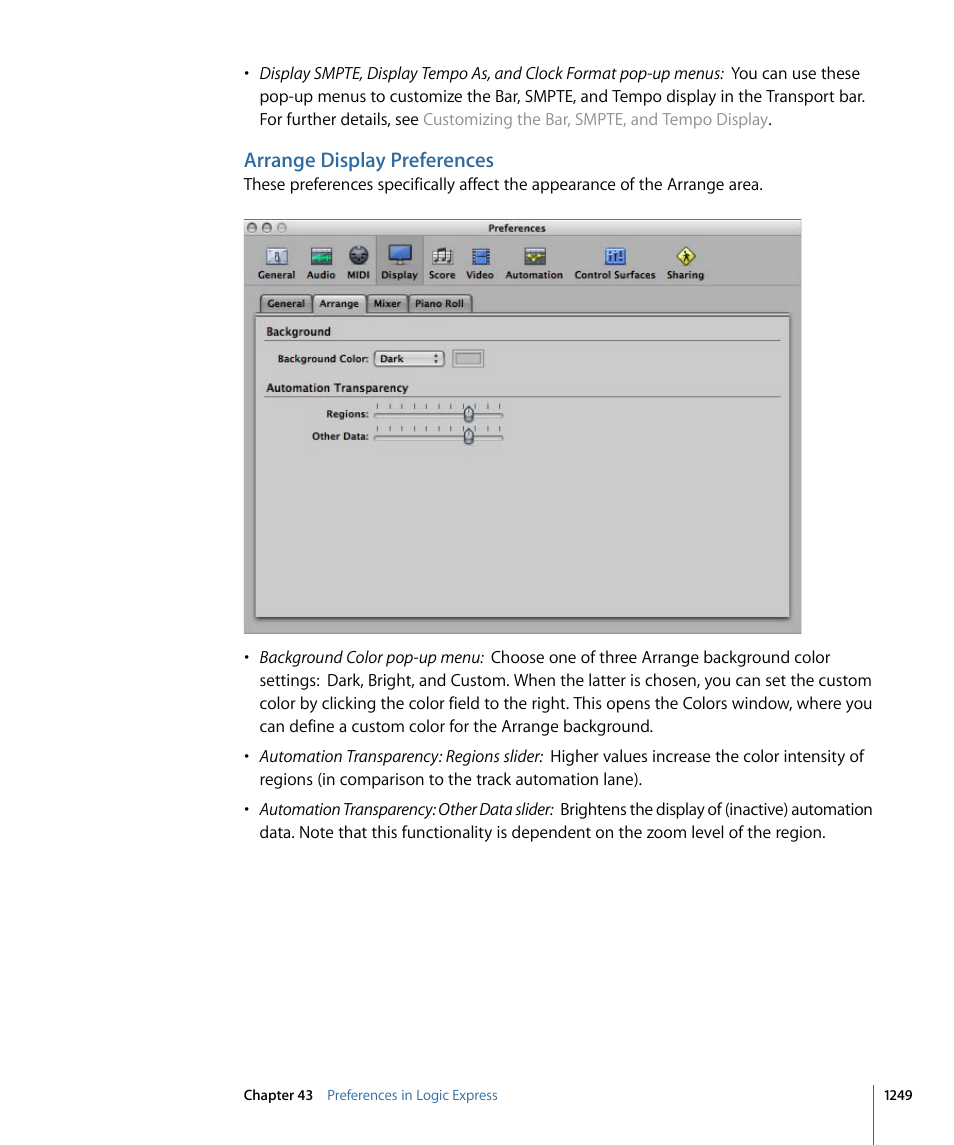Arrange display preferences | Apple Logic Express 9 User Manual | Page 1249 / 1294