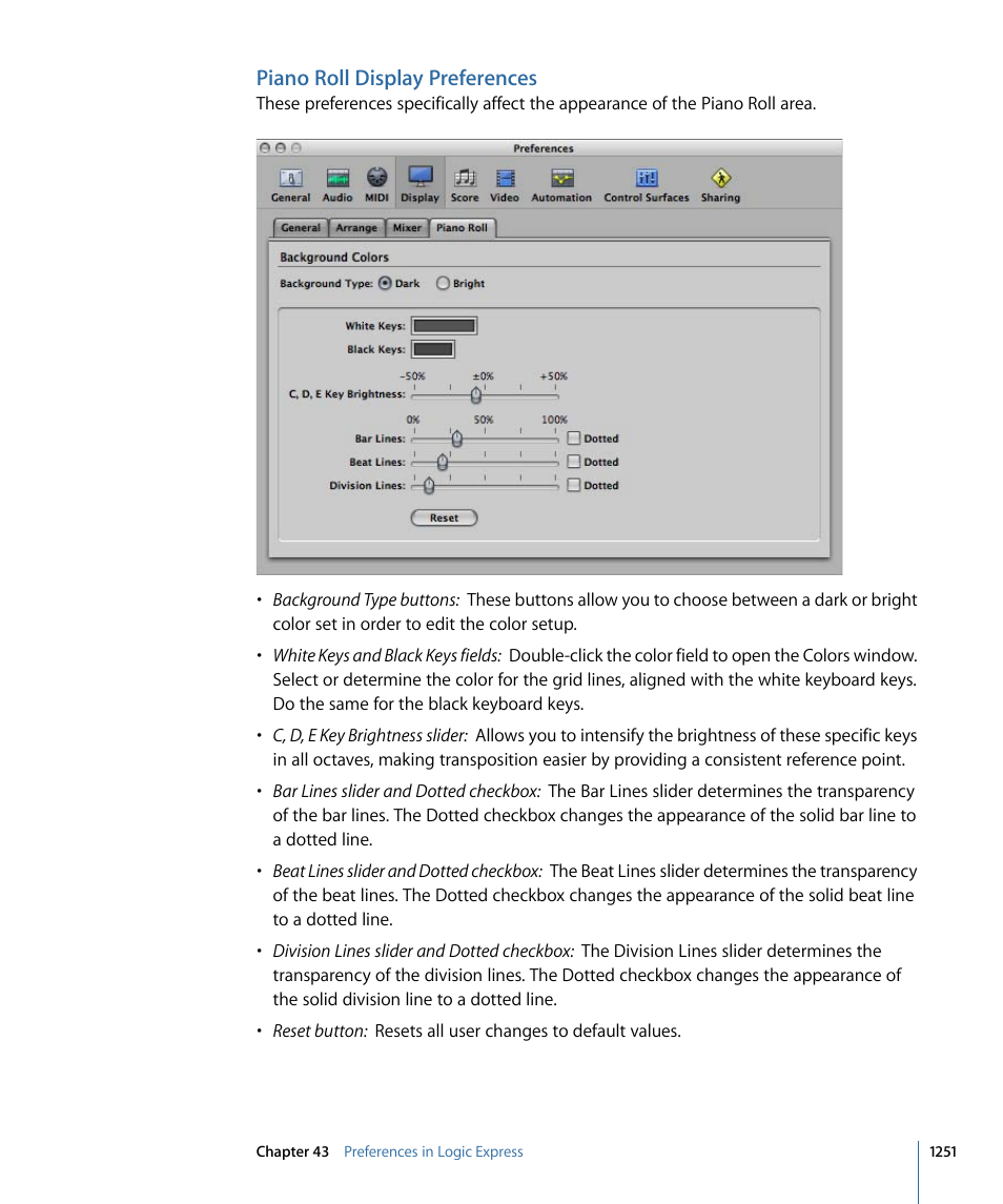 Piano roll display preferences | Apple Logic Express 9 User Manual | Page 1251 / 1294
