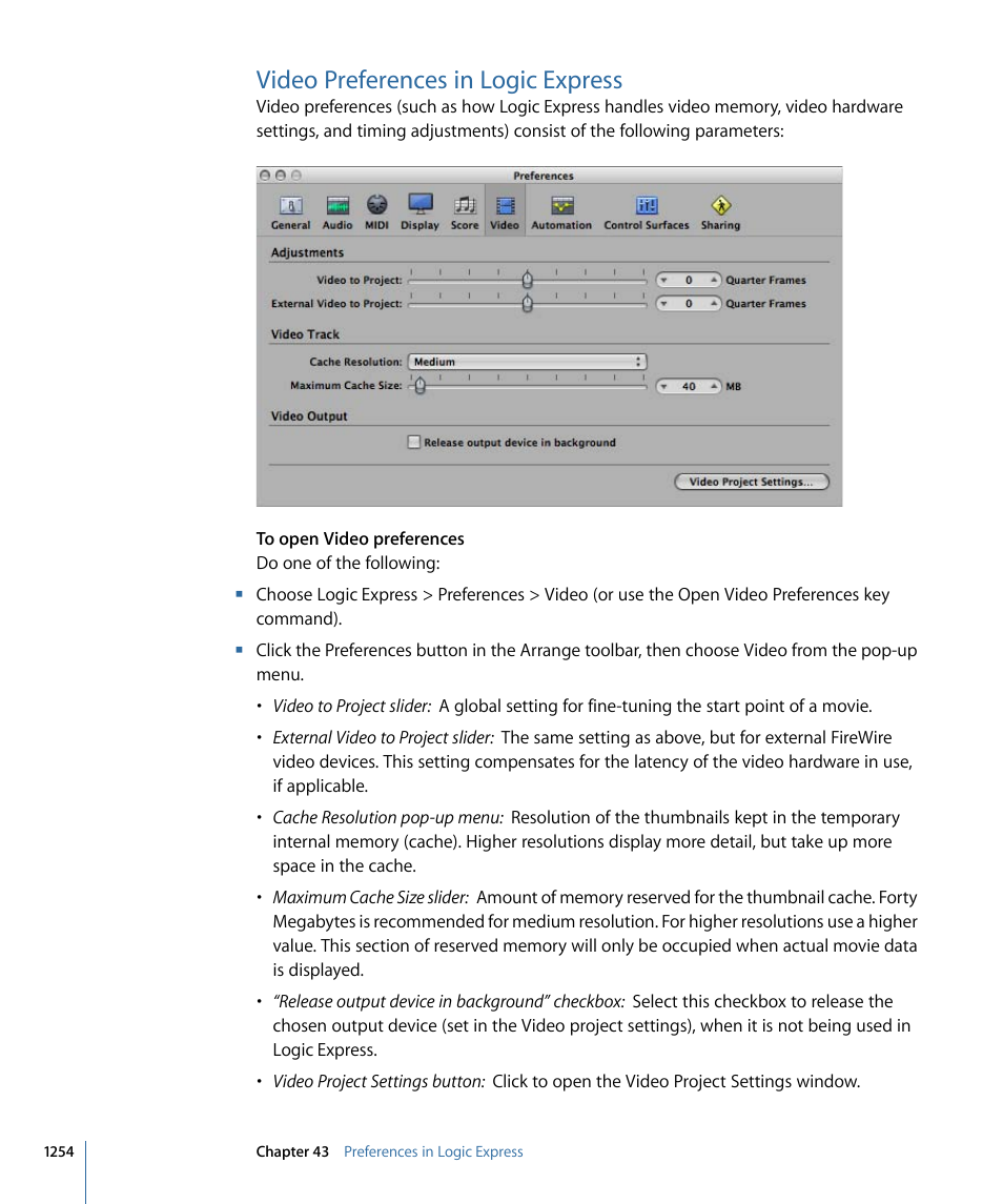 Video preferences in logic express | Apple Logic Express 9 User Manual | Page 1254 / 1294