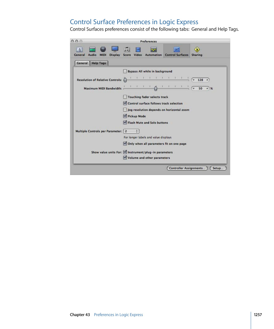 Control surface preferences in logic express | Apple Logic Express 9 User Manual | Page 1257 / 1294